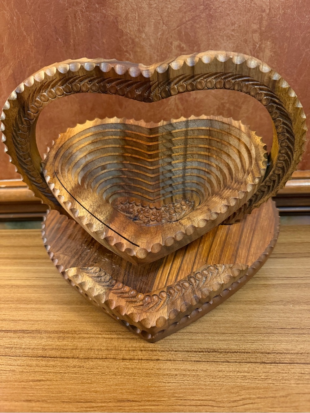 Vintage Hand Carved Sheesham Wood Collapsible Basket 10" Heart Folding Bowl